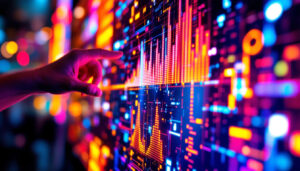 A photograph of a close-up shot of a vibrant led touch display screen in action