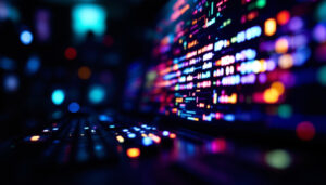 A photograph of a close-up shot of a vibrant led display in a dimly lit environment