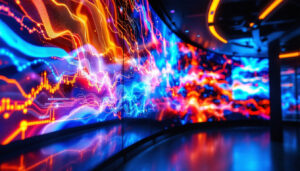 A photograph of a dynamic video wall in a modern setting