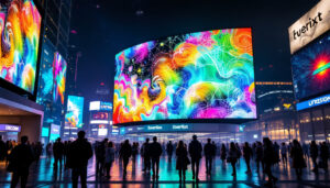 A photograph of a vibrant led display in a dynamic urban setting