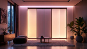 A photograph of a modern indoor space featuring a sleek led privacy screen