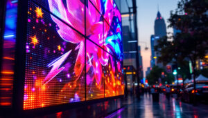 A photograph of a vibrant led display showcasing dynamic visuals and colors