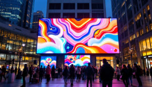 A photograph of a vibrant led display in a modern urban setting