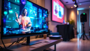A photograph of capture a photograph of a sleek led display set up in a modern event space