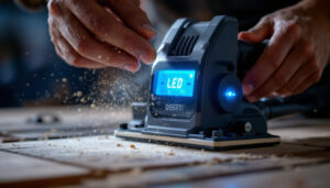 A photograph of a modern electric planer with a clear led display in action