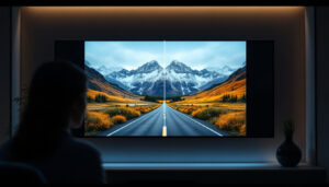 A photograph of a side-by-side comparison of a vertical video displayed on an led screen next to a transformed horizontal version
