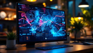 A photograph of a sleek industrial touch screen monitor displaying vibrant led graphics in a modern workspace setting