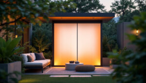 A photograph of a stylish outdoor privacy screen featuring an integrated led display