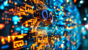 A photograph of a vibrant led display showcasing a visually engaging animation or graphic inspired by the themes of wall-e