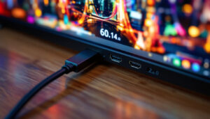 A photograph of a side-by-side comparison of a displayport 1.4 and hdmi 2.0 cable connected to an led display