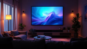 A photograph of a 50-inch projector screen displaying a vibrant led image in a cozy home theater setting