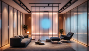 A photograph of a stylish interior space featuring room dividing panels with integrated led displays