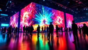 A photograph of a vibrant led display in a dynamic setting