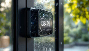 A photograph of a weatherproof door featuring an integrated led display