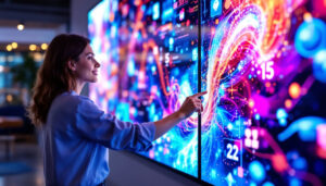 A photograph of a large touchscreen led display in use