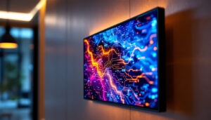 A photograph of a close-up shot of an led display mounted on a wall