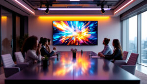 A photograph of capture a photograph of a modern conference room featuring a large led display