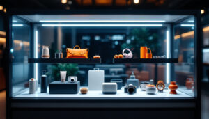 A photograph of a well-lit display case showcasing various items illuminated by led lights