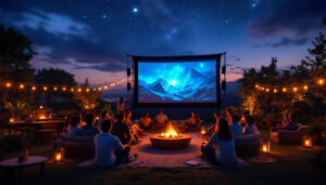 A photograph of a vibrant outdoor setting featuring a large led projection screen displaying a captivating image