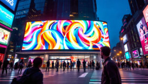 A photograph of a vibrant led display in an urban setting