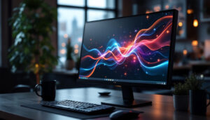A photograph of a sleek 24-inch touch screen monitor displaying vibrant led graphics in a modern workspace setting
