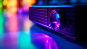 A photograph of a close-up of an lcd projector displaying vibrant colors on a screen