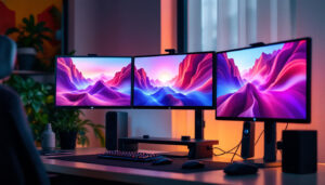 A photograph of capture a photograph of a sleek triple monitor stand setup featuring three led displays