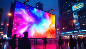A photograph of a vibrant led display in a dynamic urban setting