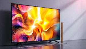 A photograph of a sleek led display showing vibrant visuals
