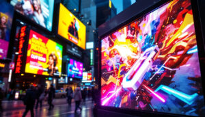 A photograph of a vibrant led display in a bustling urban setting