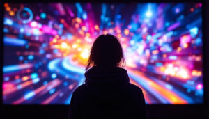 A photograph of a vibrant led display showcasing dynamic visuals or scenes from a popular tvf web series