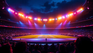 A photograph of a vibrant led stadium lighting setup during a nighttime event