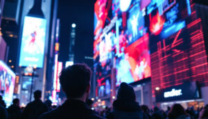 A photograph of capture a photograph of a vibrant led display in an urban setting