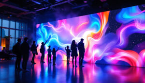 A photograph of a vibrant led display wall in a modern setting