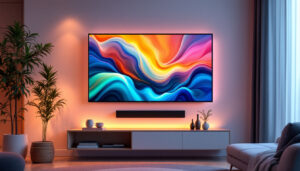 A photograph of a modern living room showcasing a sleek led tv mounted on the wall