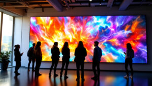 A photograph of a vibrant led panel wall in a modern setting