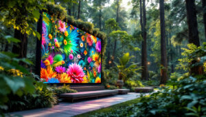 A photograph of a vibrant outdoor setting featuring a large organic exterior led videowall integrated into a forested environment