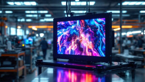 A photograph of a vibrant led screen in a factory setting