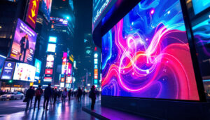 A photograph of a vibrant led display in a bustling urban setting