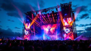 A photograph of a striking outdoor event featuring a large 20-foot led display truss structure