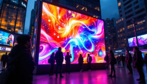 A photograph of a vibrant led advertising panel in an urban setting