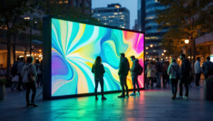 A photograph of a vibrant portable led display in an outdoor setting