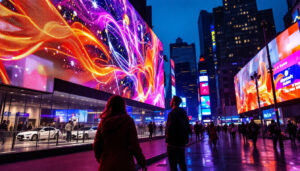 A photograph of a vibrant led display in a dynamic urban setting