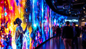 A photograph of a vibrant led video wall displaying dynamic visuals in a single portrait orientation