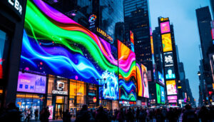 A photograph of a vibrant led display in a bustling urban setting