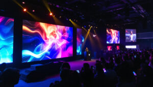 A photograph of a vibrant video wall rental setup in an event setting