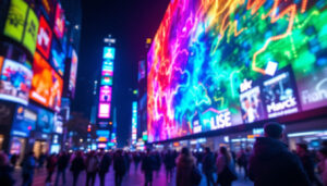A photograph of a vibrant led display in a bustling urban setting at night