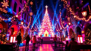 A photograph of a vibrant church christmas backdrop featuring a stunning led display