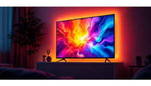 A photograph of capture a photograph of a modern led tv displaying vibrant colors in a dimly lit room