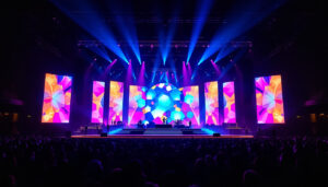 A photograph of a vibrant stage set featuring an led display in action